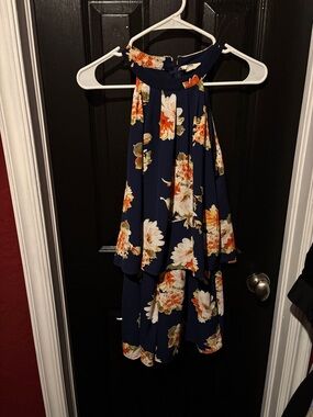 entro Navy Floral Halter Romper with Orange & Cream Blooms